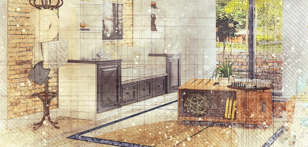 A sketch-like illustration of a cozy living room with a brick wall, coat stand, decorative shelves, and a large window that lets in natural light, blending elements of traditional and modern design styles.