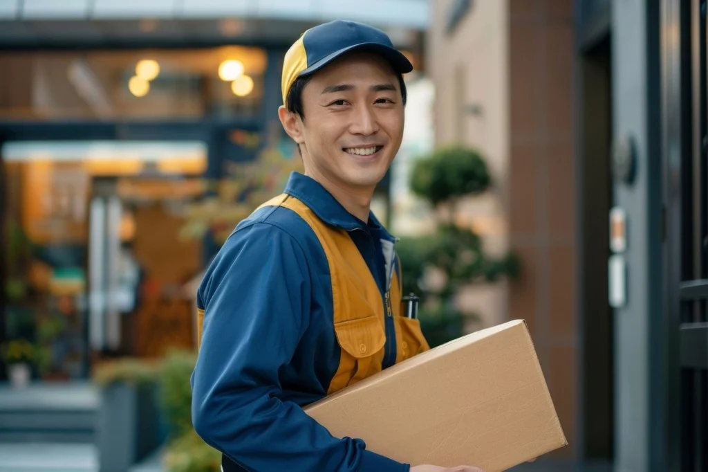 Asian delivery man standing outside, holding a cardboard box, ready to make a delivery.