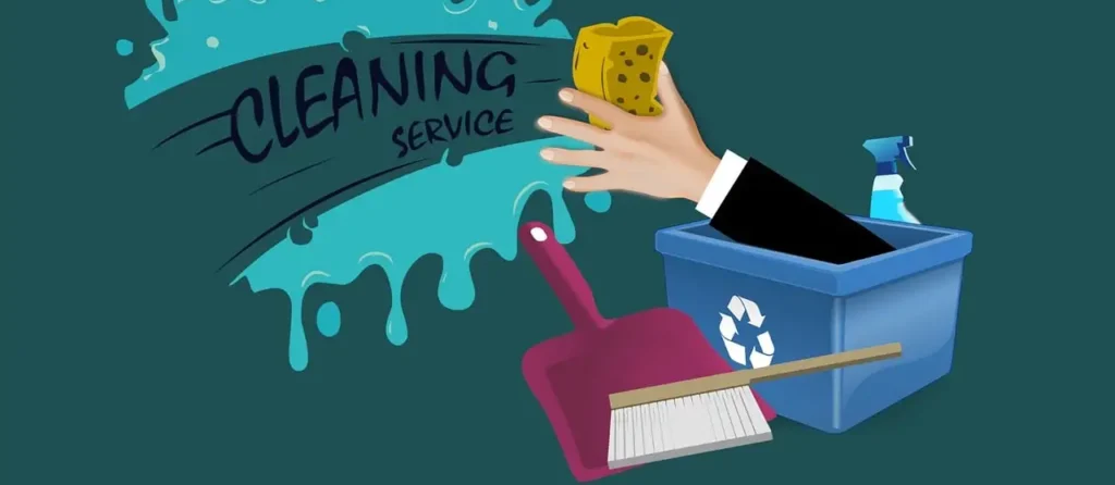 A graphic illustration of a cleaning service with a hand holding a sponge, accompanied by a dustpan, broom, spray bottle, and a recycling bin, on a teal background with a splash effect behind the text "Cleaning Service.