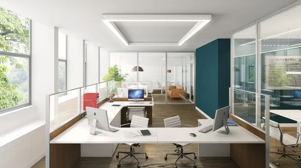 An office space featuring a desk and chairs, designed for work and collaboration.