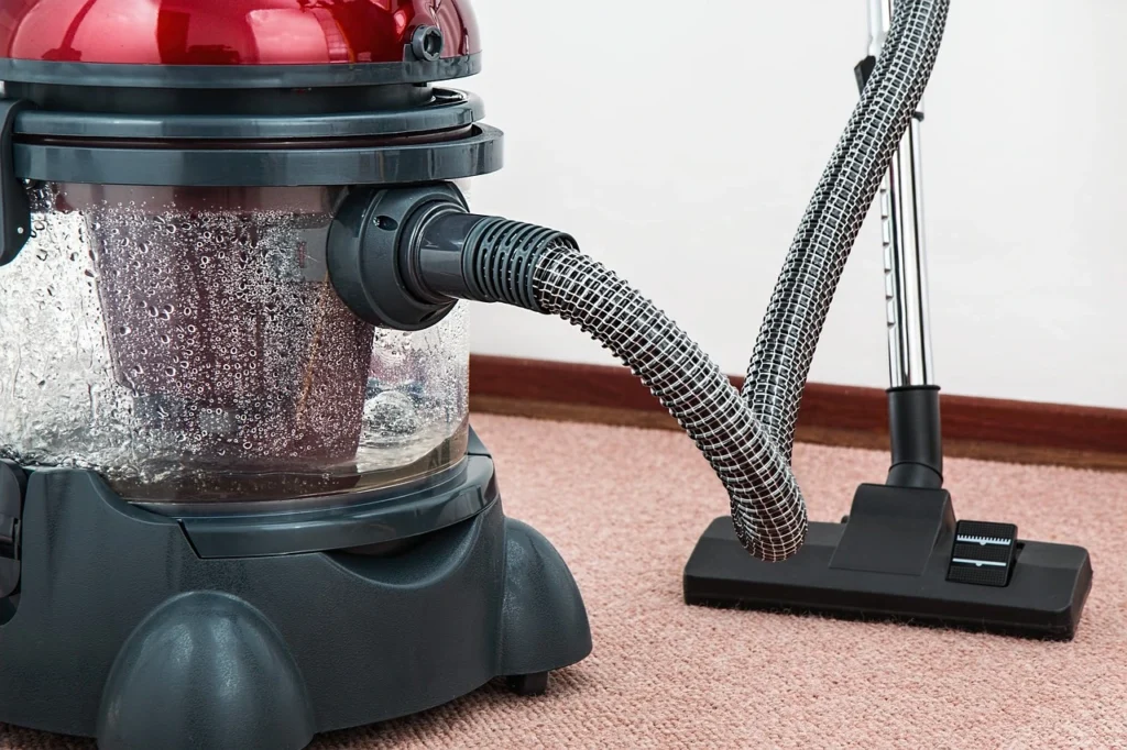 A vacuum cleaner positioned on the floor beside a carpet, ready for cleaning tasks.